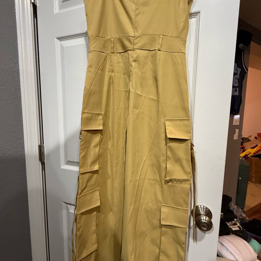 Women's Yellow/Cream Brown Cargo Jumpsuit - Picture 4 of 7